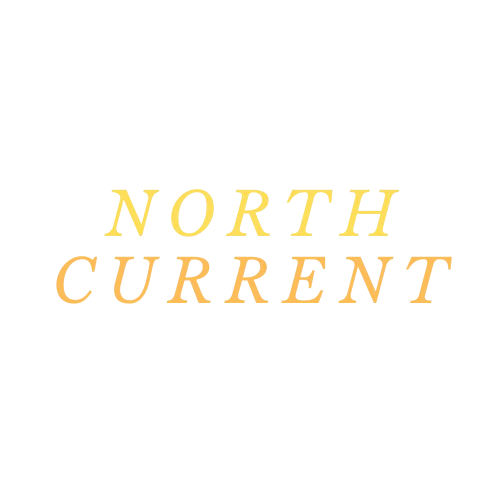 North Current stacked serif logo in gold on black