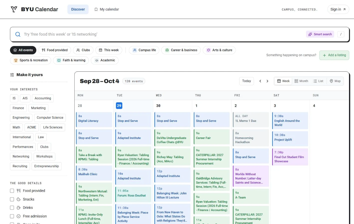 The live weekly calendar, with search and interest filters.