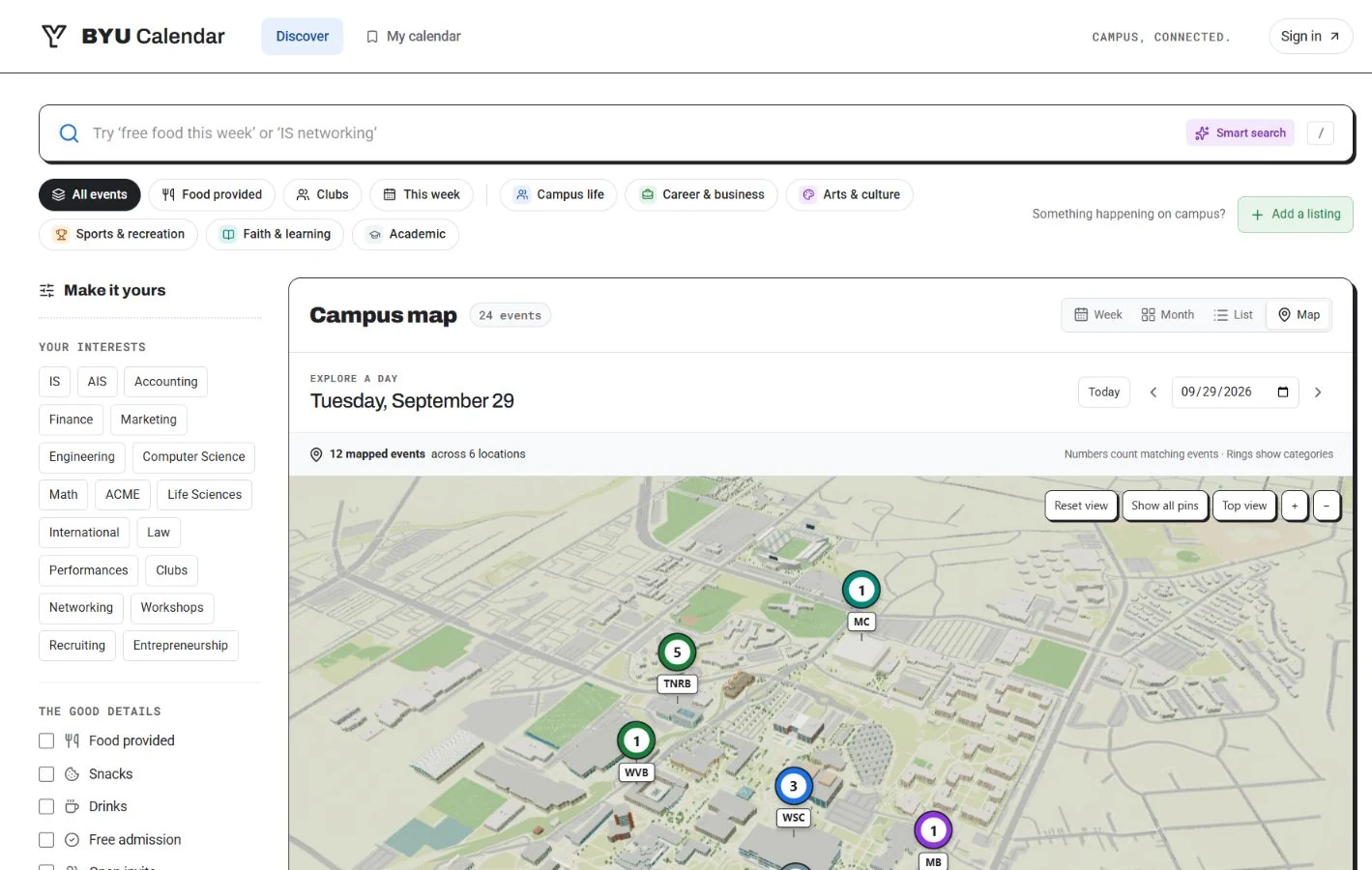The interactive campus map connects events to real places.