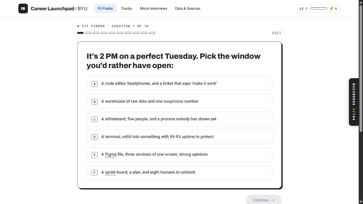The Fit Finder’s first question, captured in the live application.