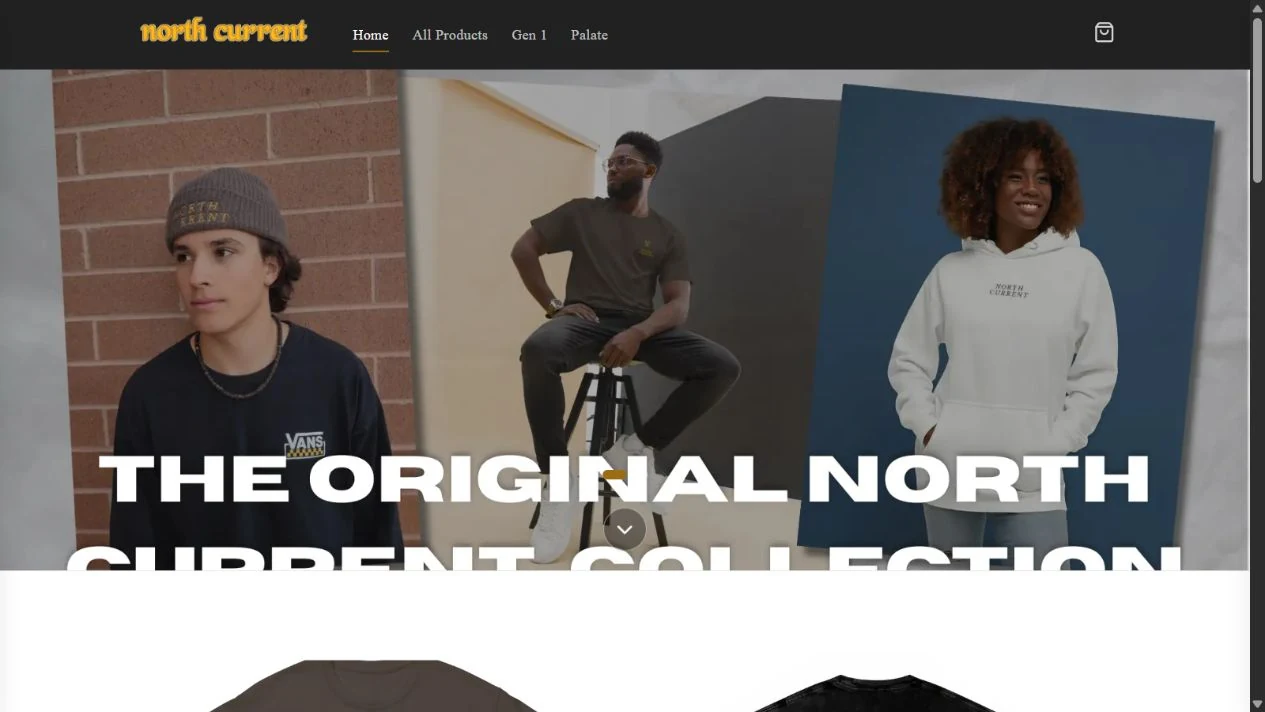 The live storefront introduces the brand’s apparel collections.