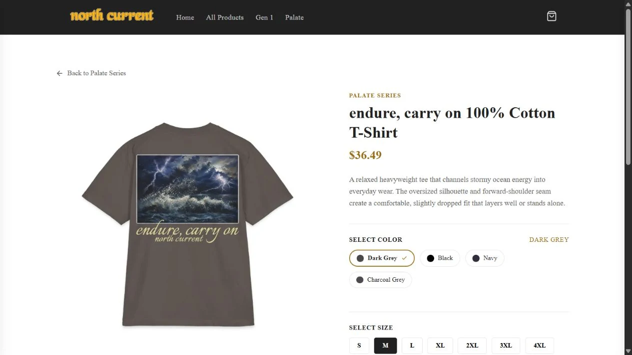 A live product page, with photography and garment options.