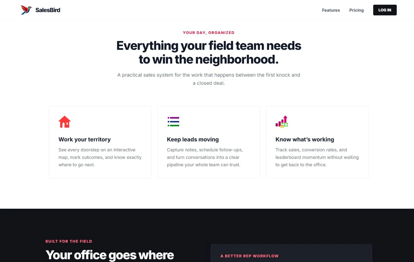 Product features and the field-sales workflow. Local production build.