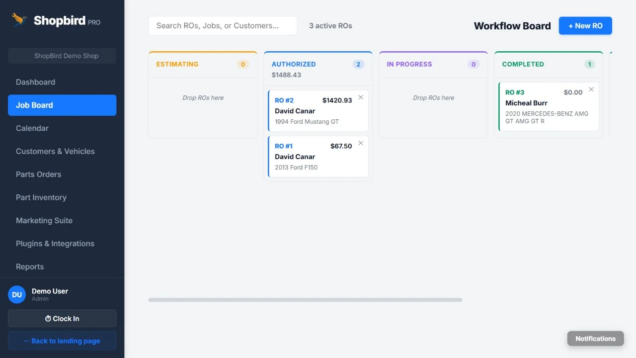 The demo job board organizes repair orders by stage.