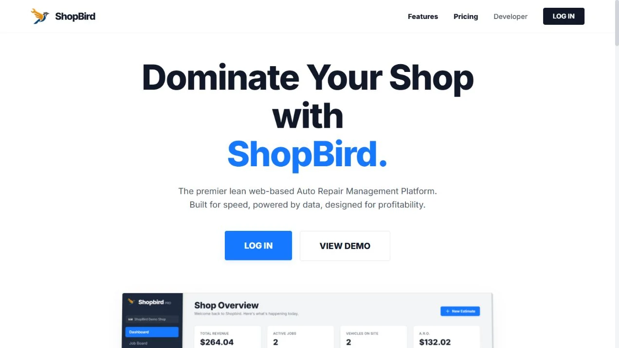 The public landing page introduces the repair-shop platform.